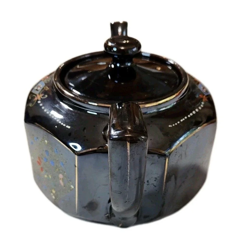 Vintage Japanese Teapot Brown Glazed Gold Trim Hand Painted 8 Sided Ceramic